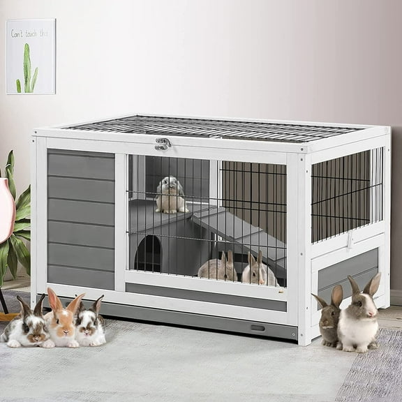 AECOJOY Rabbit Hutch with Deeper No Leak Tray & Run 35.4’’ Pet House for Small Animals Rabbit Cage Guinea Pig House Bunny Hutch Indoor & Outdoor
