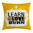 thumbnail image 1 of Fitness Throw Pillow Cushion Cover, Learn To Love The Burn Text on Grungy Backdrop Fit Athlete with Barbell, Decorative Square Accent Pillow Case, 18 X 18 Inches, Marigold White Black, by Ambesonne, 1 of 2