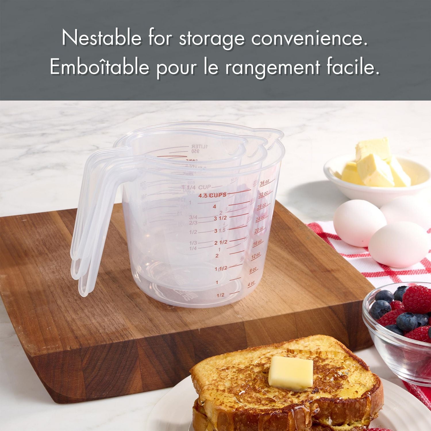 Mainstays 3-Piece Plastic Kitchen Measuring Cup Set with Spout, Clear, 3 PC Measuring Cup Set