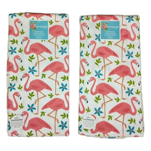 Set of 2 Tropical FLAMINGO Toss Terry Kitchen Towels by Kay Dee Designs