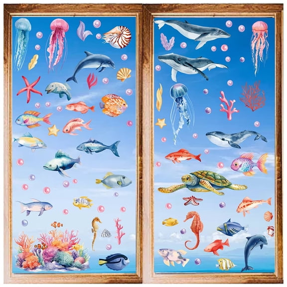 8 Sheets Sea Ocean Window Decals Stickers Jellyfish Shell Coral Whale Cartoon Wall Clings Peel and Stick Vinyl PVC Waterproof Adhesive Decor