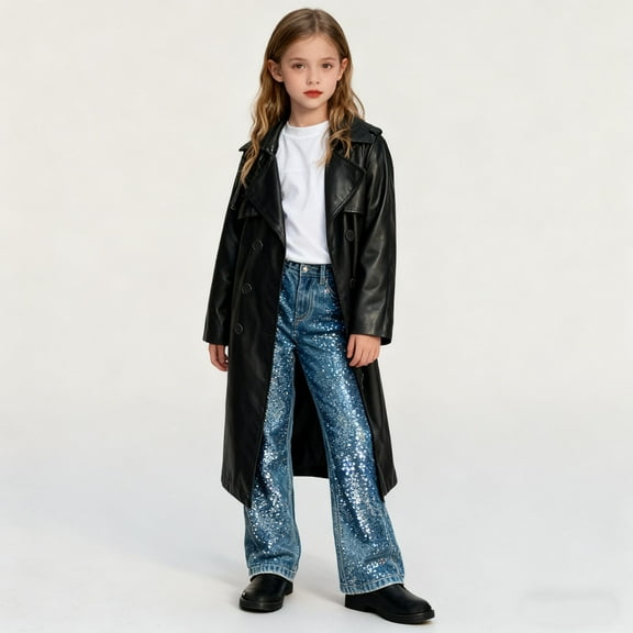 ATOGUTA Girls Faux Leather Jacket Kids Motorcycle Bomber Coats Long Trench Coat With Belt Size 4T-14, Black