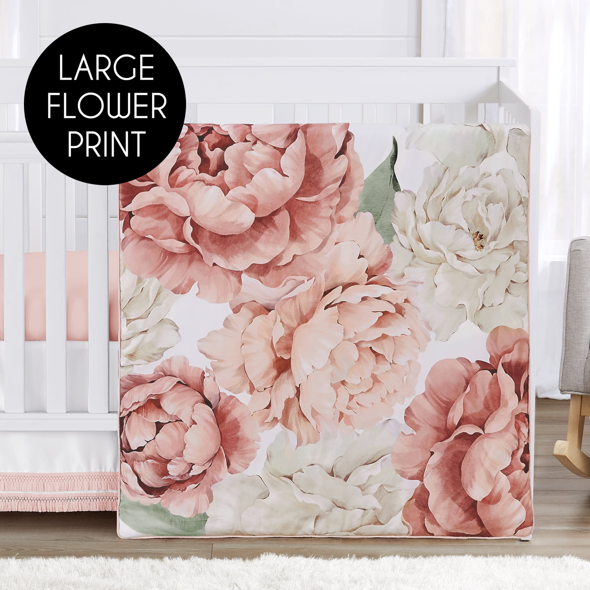 Sweet Jojo Designs Peony Floral Garden Pink and Ivory 4 Piece Crib Bedding Set