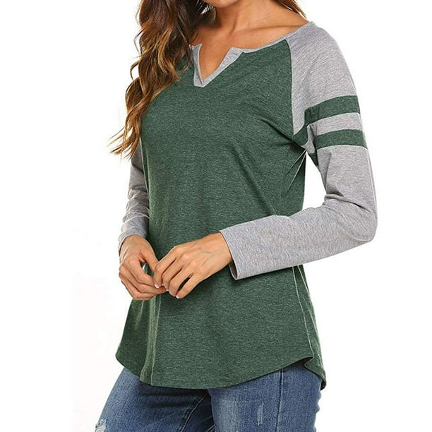 Women's Raglan Long T-Shirt Blouse Henley V Neck Tee Shirt Tops -