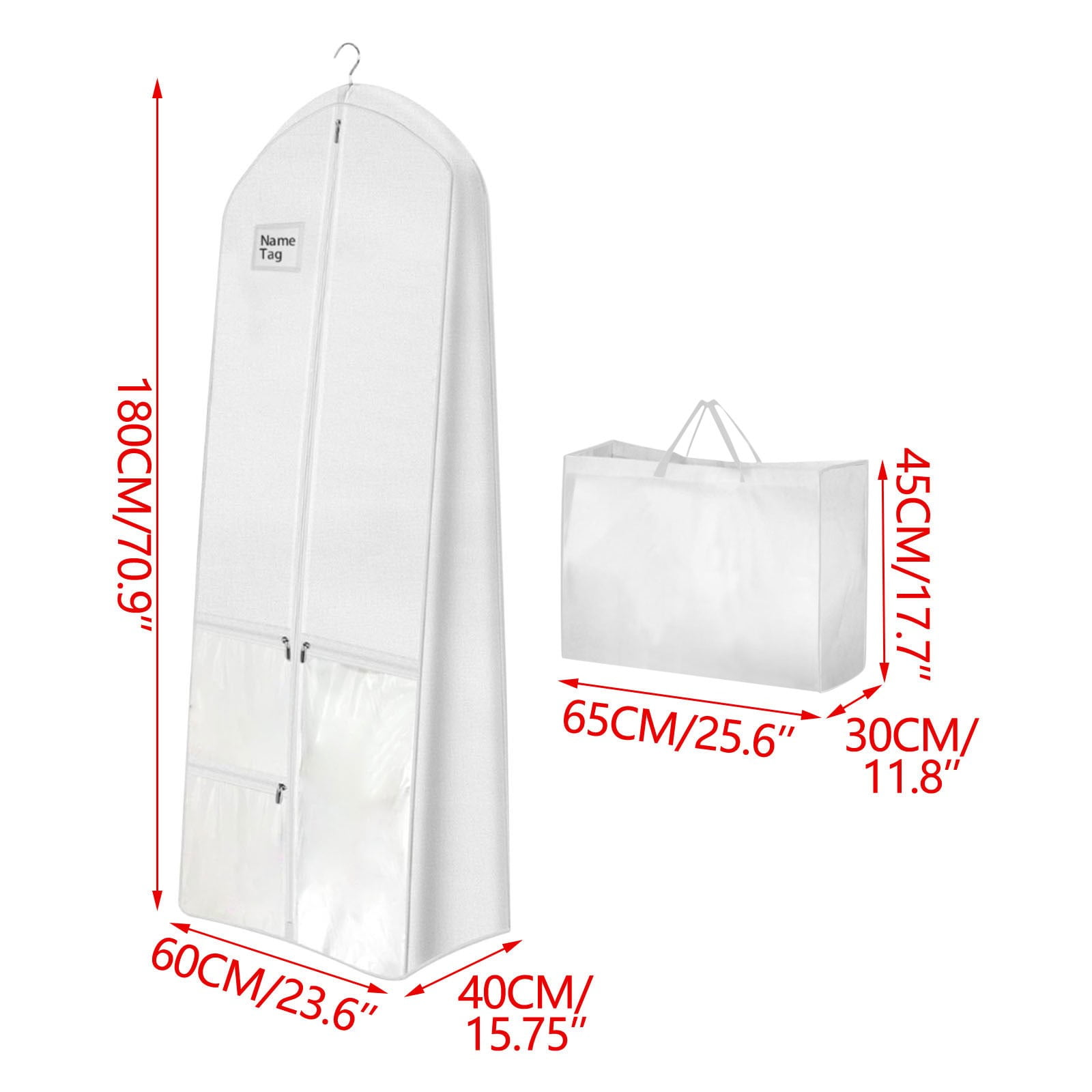 HCBY 71" Wedding Dress Garment Bag with 3 Clear Pockets, Breathable Non-Woven Long Gown Cover with Matching Tote Bag, for Bridal Gowns, Formal Dresses