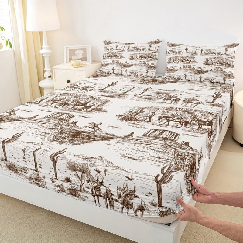 Western Cowboy Fitted Sheet Queen Size Brown Sketch Desert Wild Horse Bedding Set 3Pcs for Kids Boys Men Girls Bedroom Decor Rustic Farmhouse Bed Sheet Animals Deep Pocket Sheet,2 Pillowcase