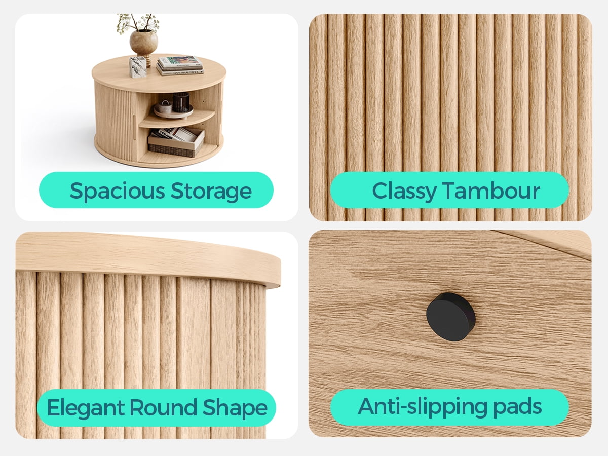 LINSY HOME Fluted Coffee Table Round with Large Storage, Mid-Century Coffee Table for Living Room with Sliding Tambour Door, Oak