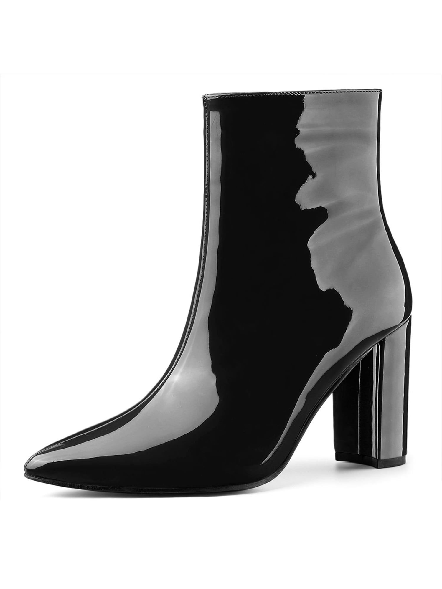 Allegra K Women's Pointed Toe Zipper Patent Leather Ankle Chunky Boots ...