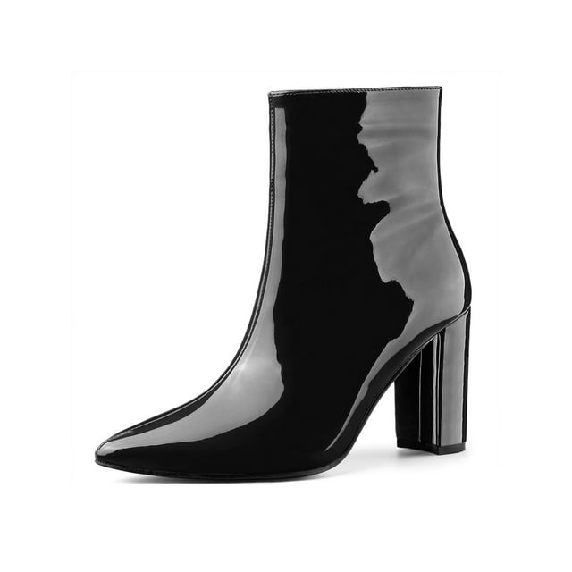 BLISSFUL STEP Women's Boots Pointed Toe Zipper Patent Leather Ankle Chunky Boots Black 9
