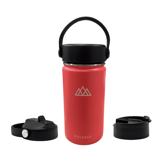 Vacuum Insulated Bottle with 3 Lids - Stainless Steel Thermally Insulated Flask - 12 OZ - Pink - by Polerce