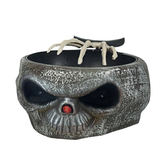 Skeleton Halloween Candy Sculpted Piece Gray Spooky Halloween Decor Light Up Eyes Animatronic Skeleton Hand for Indoor Outdoor Halloween Party Decor Haunted House Setting 1 Pack