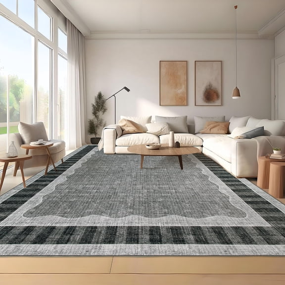 GlowSol 5x7 Black Gray Scalloped Area Rug, Washable Non-Slip Stain Resistant Farmhouse Floor Mat for Office, Living Room, Bedroom