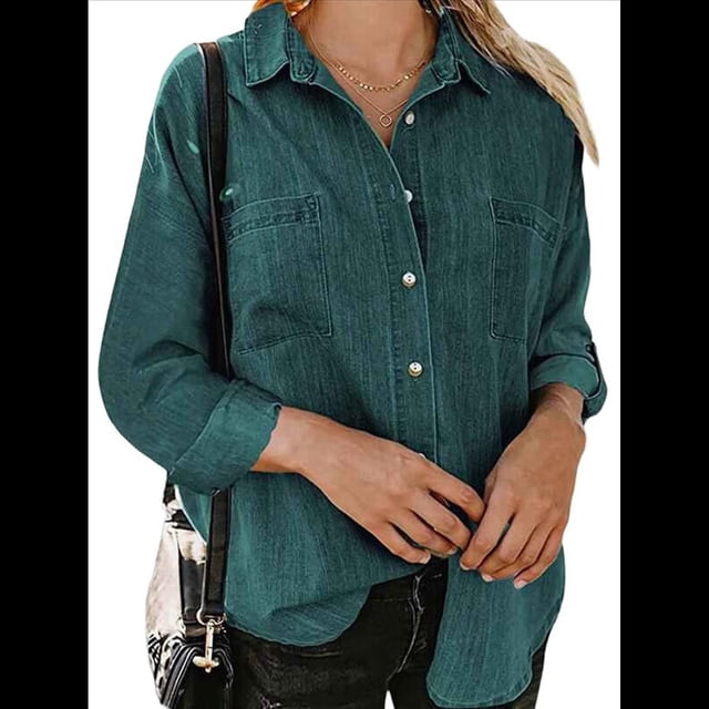 Camisas de Mujer con Botones y Cuello en V, Camisa Informal Holgada Verde Oscuro S