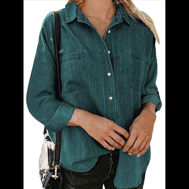 Camisas de Mujer con Botones y Cuello en V, Camisa Informal Holgada Verde Oscuro L