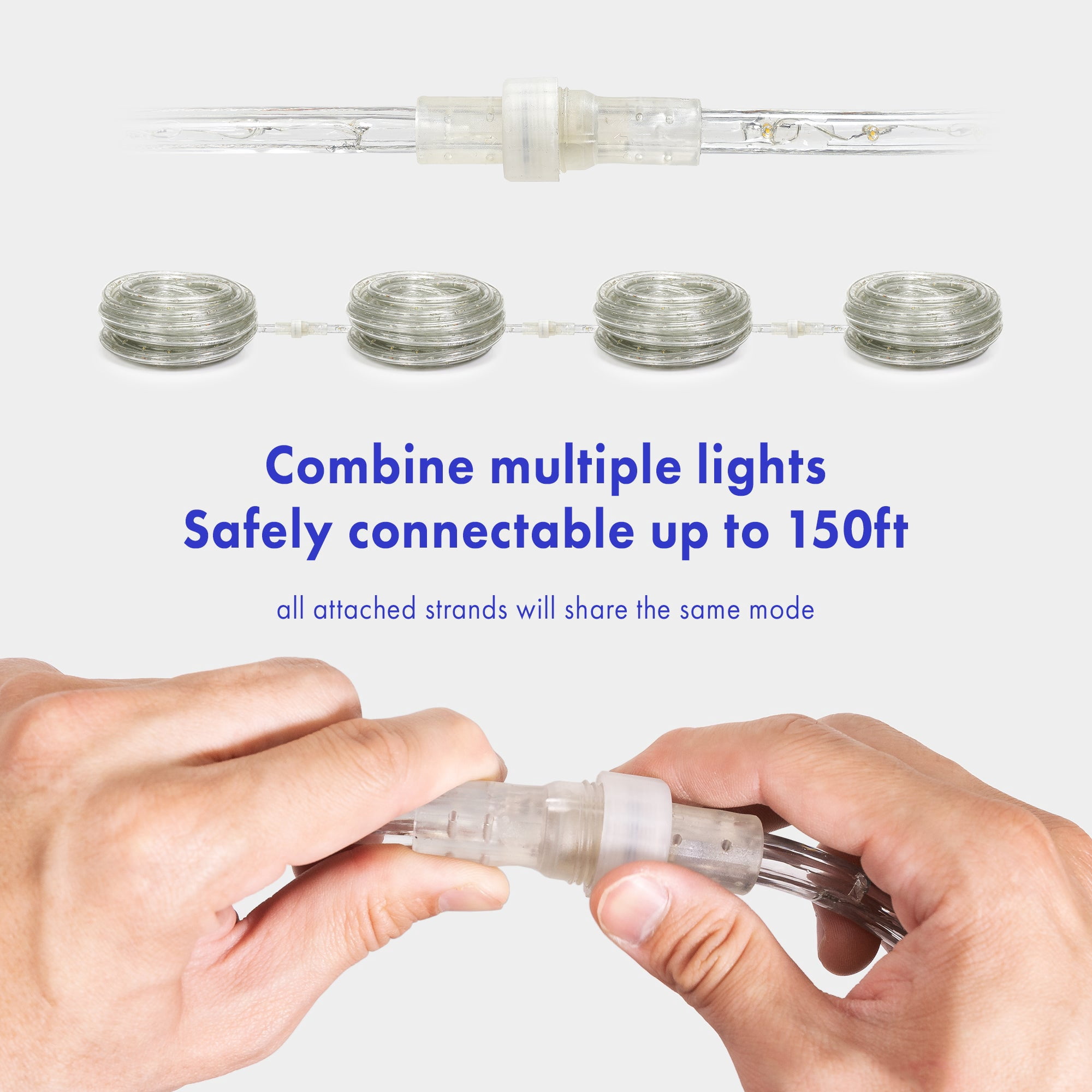 West Ivory - 190LEDS,Cool White 3/8" LED Rope Lights with 8 Lighting Modes Controller, IP65, Linkable