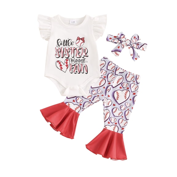 Aojekbee Baby Girls Summer Outfits Baseball Print Ruffles Romper and Elastic Flared Pants Headband 3 Piece Clothes