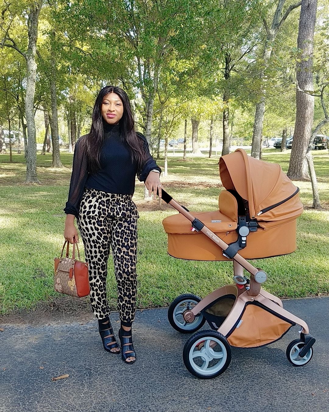 Hot Mom Baby Stroller Reversible Luxury PU Leather Pram,Brown