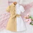 thumbnail image 2 of CHEEREAM Litttle Girl's Button Front Dress Puff Short Sleeve Color Block Collar Aline Dress with Belt 4-9 Years Khaki 8 Years, 2 of 7