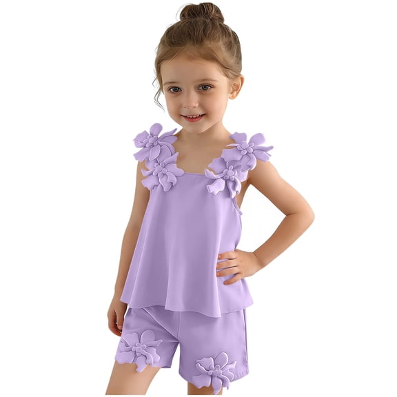Girls 2 Piece Outfits Summer Sleeveless Flower Cami Tops and Shorts Sets for Kids Purple 7-8 Years