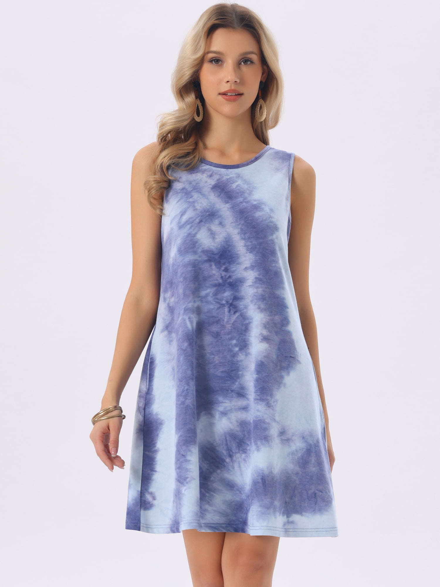 DARING DIVA Tie Dye Tank Dress Sleeveless Pockets Dress Large Tie Dye Dark Blue