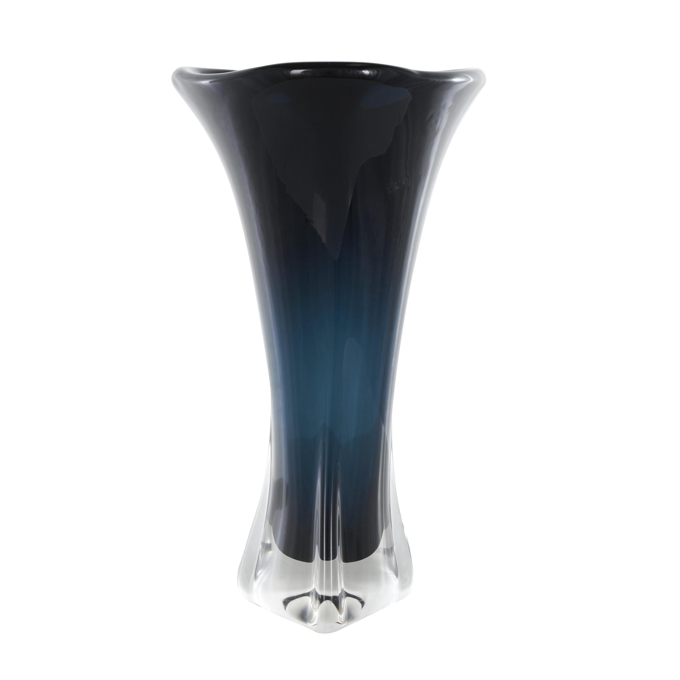 DecMode 18" Abstract Ombre Tulip Dark Blue Glass Vase with Clear Base