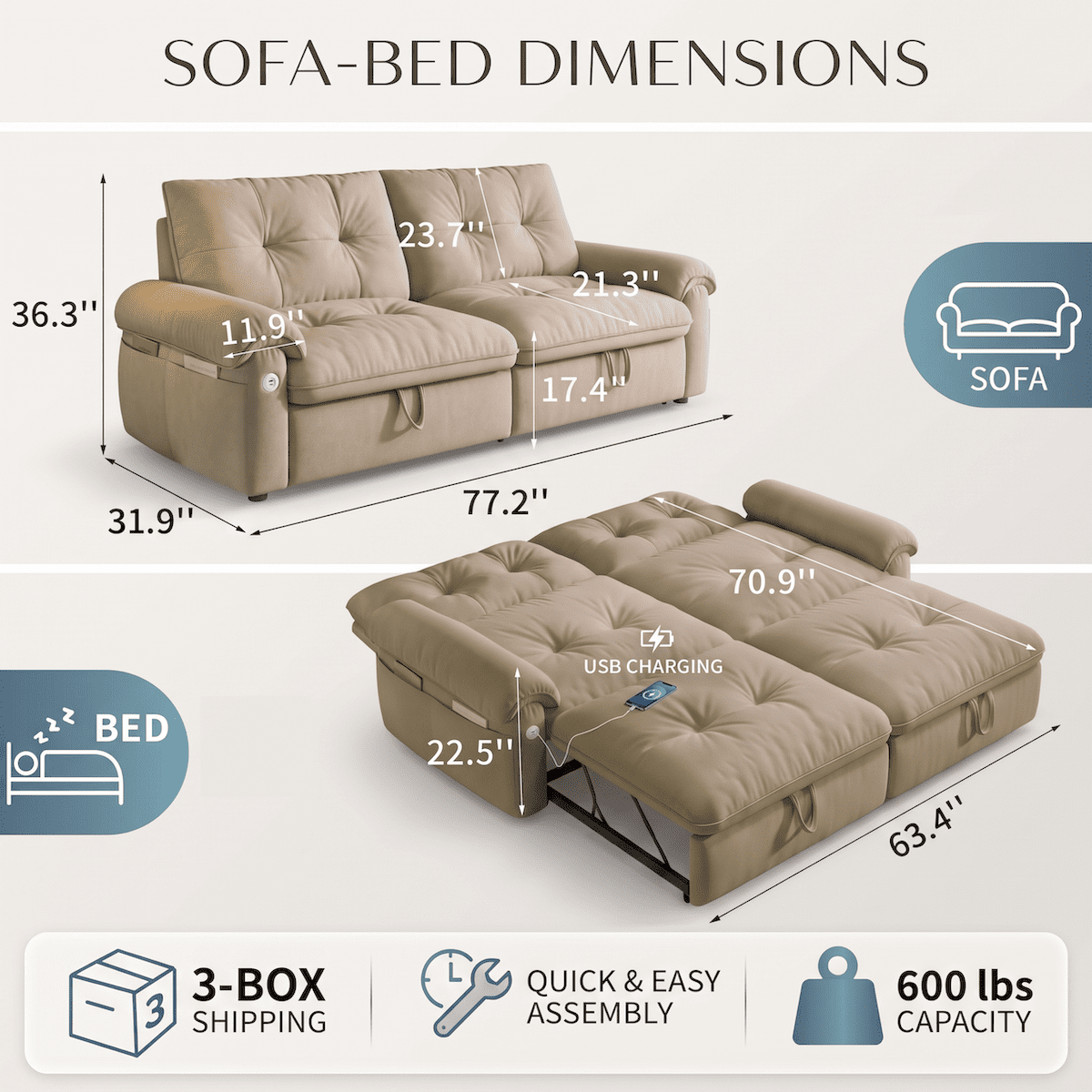 Xiweot Convertible Sleeper Sofa Bed, 77" Queen Size Pull Out Couch Bed with Adjustable Backrest, USB Ports & Side Pocket, Velvet Loveseat Sleeper for Living Room Small Space (Brown)