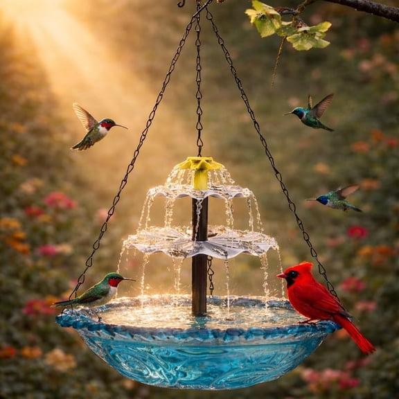 2026 New Solar Cascade Hanging Bird Bath Fountain, 2-Tier Outdoor Fountain with Glass Bowl