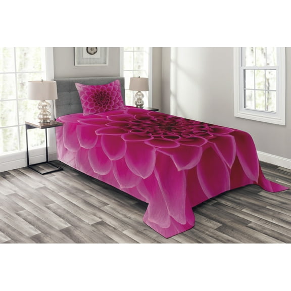 Ambesonne Floral Quilted Bedspread Set 2 Pcs, Fresh Bloom Petal Nature, Twin Size, Magenta