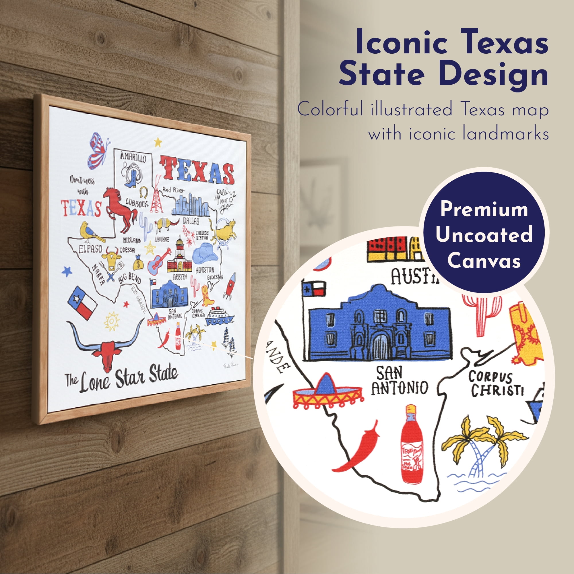 Crystal Art Gallery 15x15 Texas Canvas Framed Wall Art Decor with Texas State Outline, Rustic Farmhouse Americana Home Wall Decor