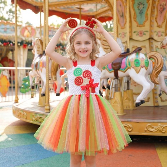 Angala 2 Piece Outfits For Girls Square Collar Sleeveless Candy Rainbow Print Dress With Hairband Set Girls Autumn Daily Wear Clothes