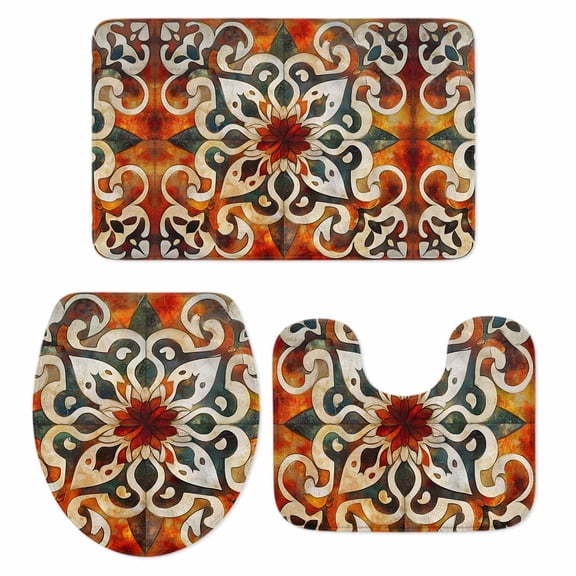 Burnt Orange Green Bath Mat 3 Piece Bathroom Rug Set, Vintage Abstract Flowers Non Slip Bath Rug Contour Mat and Toilet Lid Cover, Absorbent Shower Mats Soft Bath Rugs and Mats Sets