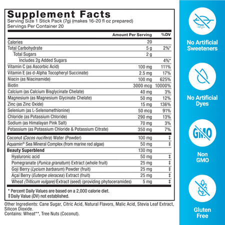 Force Factor Liquid Labs Beauty, Electrolytes Powder for Skin Care, and Stronger Hair & Nails, Hydration Packets with Hyaluronic Acid, Biotin, Cerermides, & More, Tropical Berry Flavor, 20 Stick Packs