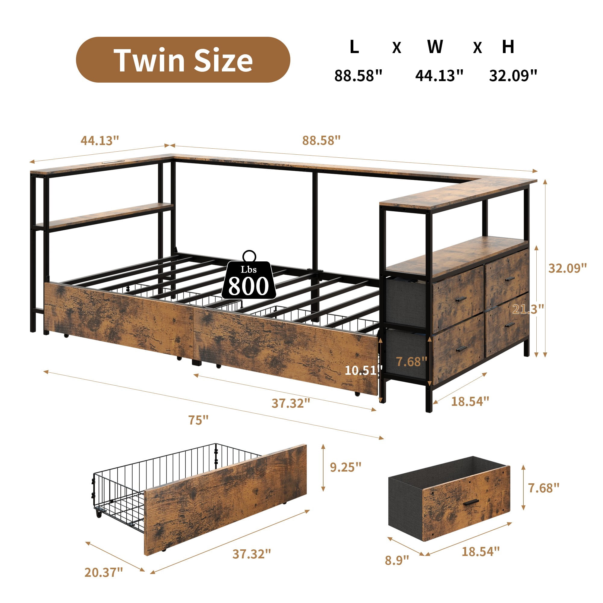 BSHTI Twin Size MDF & Metal Corner Bed Frame with Storage, Space Saving Bed Frame with Drawers, Reversible L-Shape for Bedroom（Black)