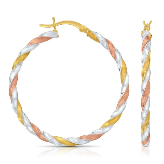 Tilo Jewelry 925 Sterling Silver Tri-Color Twisted Hoop Earrings with Satin Glitter Finish (35mm) for Women & Unisex