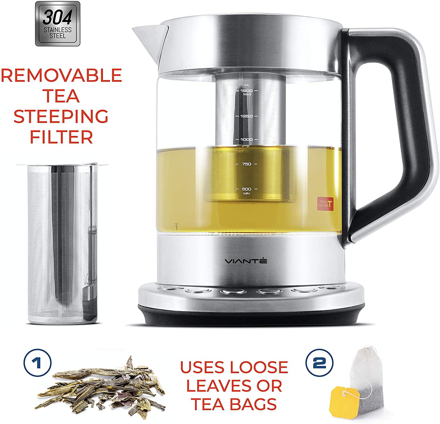 Vianté Electric Glass Tea Kettle with Removable Infuser. Hot Tea Infuser Pot for Loose Leaf & Bagged Tea. BPA-Free. Stainless Steel & Borosilicate