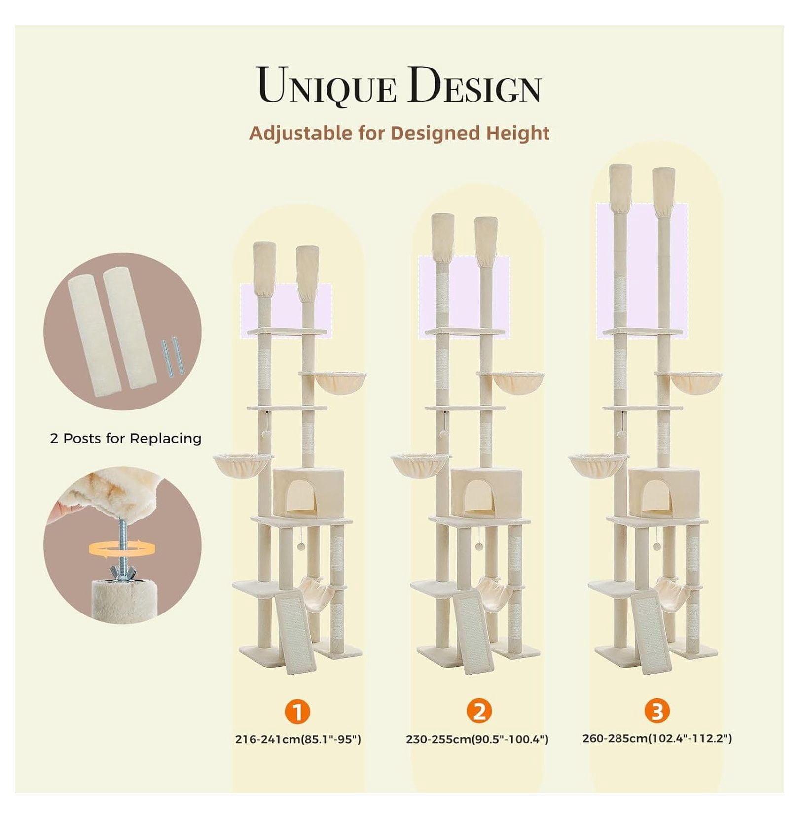 Floor to Ceiling Cat Tree, 85-112 Inch Adjustable Cat Tower, Tall Cat Tree for Indoor Cats, 7 Tier Cat Climbing Tower with Hammocks & Scratching Posts - Beige