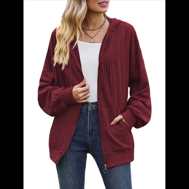 Sudadera con Capucha y Cremallera para Mujer, de Larga, Informal, de Gran Tamaño, con Bolsillos. Vino Tinto L
