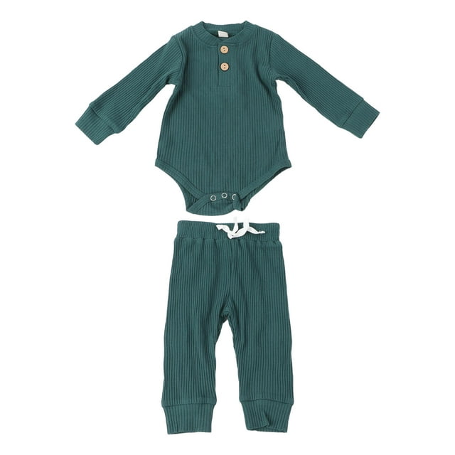 Conjunto de mono y pantalón para bebé Nikou color puro algodón suave 70 cm verde