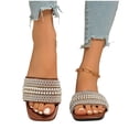 thumbnail image 4 of Narveanno Women's Pearl Decor Square Toe Sandals Leather Open Toe Flat Slip On Slides Brown 9.5, 4 of 7