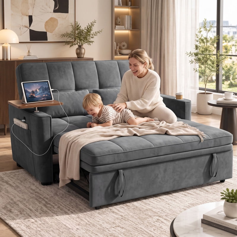 avobird 54'' Pull Out Sofa Bed, Convertible Sleeper Couch for for Living Room, Side Desk, USB Ports, Cup Hold, Velvet Fabric, Adjustable Backrest, Dark Gray