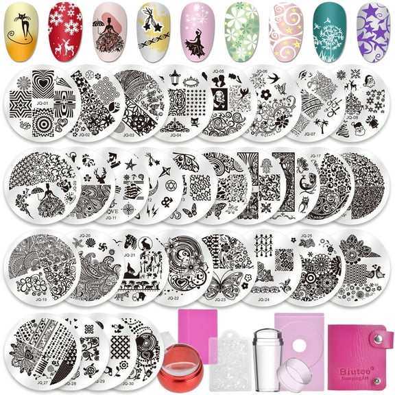 Biutee 36pcs Nail Stamper Set, 30pcs Nail Stamping Plates with Stamps, Scrapers & Storage Bag Stainless Steel Nail Plate Template Kit Christmas Gift
