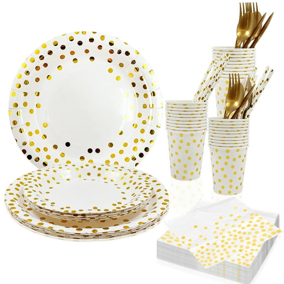 Namzi 180PCS White and Gold Party Supplies, Severs 20 Disposable Party Dinnerware, Gold Plastic Forks Knives Spoons and Golden Dot Paper Plates, Napkins Cups for Graduation, Birthday, Wedding