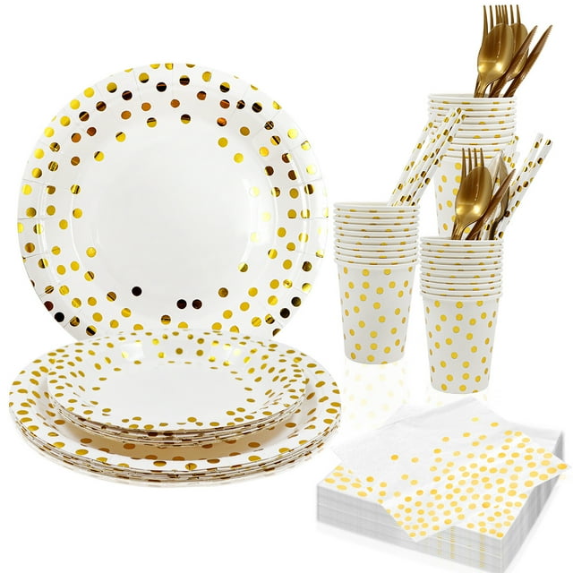 Zhuge 270 piezas de suministros para fiestas en blanco y dorado, 20 cubiertos desechables para fiestas, tenedores, cuchillos, cucharas de plástico dorado y platos de papel con lunares dorados