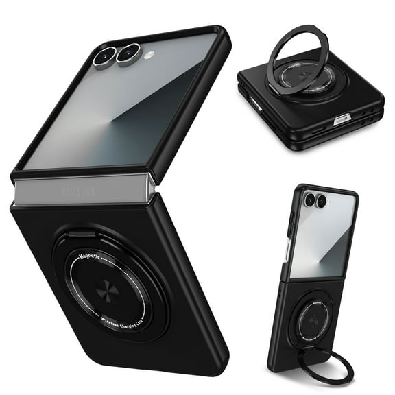 Dteck for Samsung Galaxy Z Flip 7 Case with 360° Rotatable Magnetic Ring Stand, Compatible with Mag-safe, Slim Thin Matte PC Shockproof Protective Phone Case for Women Men,Black