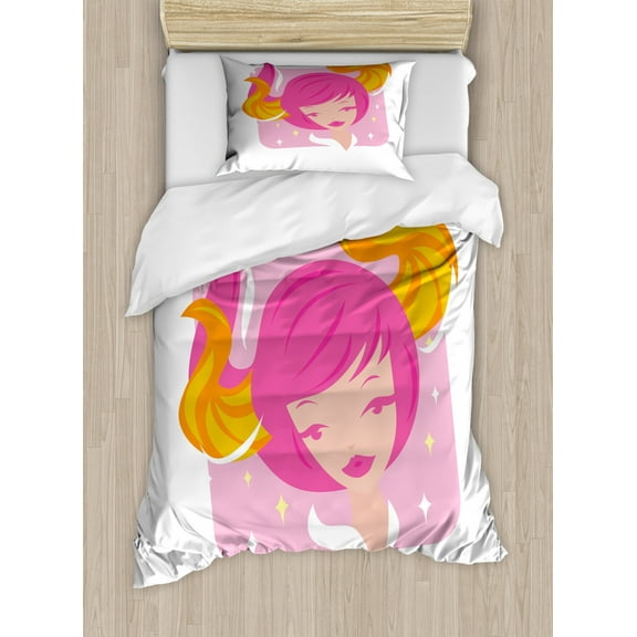 Zodiac Taurus Twin Size Duvet Cover Set, Abstract Woman Illustration Pink Hair and Orange Horns Female Taurus Portrait, Decorative 2 Piece Bedding Set with 1 Pillow Sham, Multicolor, by Ambesonne