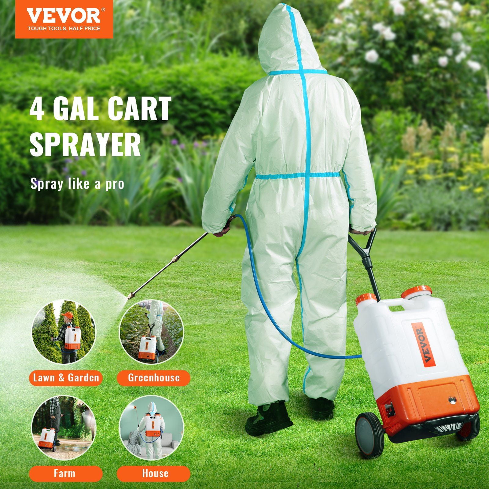 Battery Powered Backpack Sprayer Cart 4 Gallon Tank 0-94 PSI Adjustable Pressure 12V 7.2Ah Battery 8 Nozzles 2 Wands Wide Mouth Lid for Weeding Spraying Cleaning