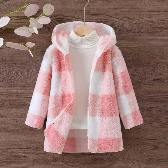 dazeni Fuzzy Fleece Zip Up Hoodies for Girl 2-8T Fashion Plaid Plush Sherpa Hooded Coat Kids Fall Winter Long Sleeve Sweatshirt Jacket Pink 110