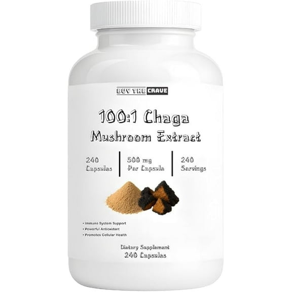 Freeze-Dried Chaga Mushroom 100:1 Extract Capsules, 500mg, 240 Count – Immune Support, Antioxidant-Rich, Non-GMO, Gluten-Free Supplement for Men & Women