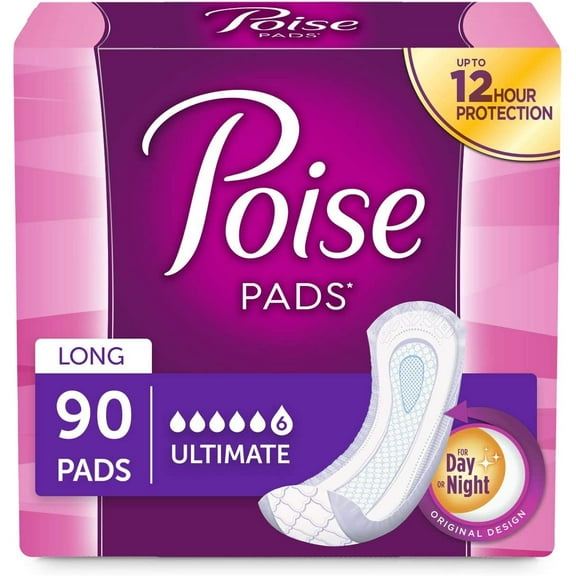 Poise Incontinence Pads, Original Design, Ultimate Absorbency, Long, 90 Count (2 Packs of 45)