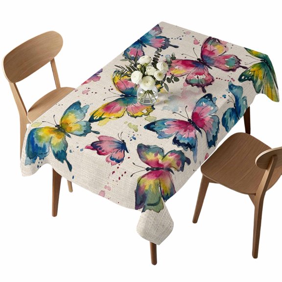 Waterproof Tablecloth Spring Colorful Butterfly Rectangle Table Cloth 52x70in,Wipeable Washable Table Cover Retro Linen Watercolor Style Tablecloths for Dining Tables Kitchen Picnic Outdoor Party